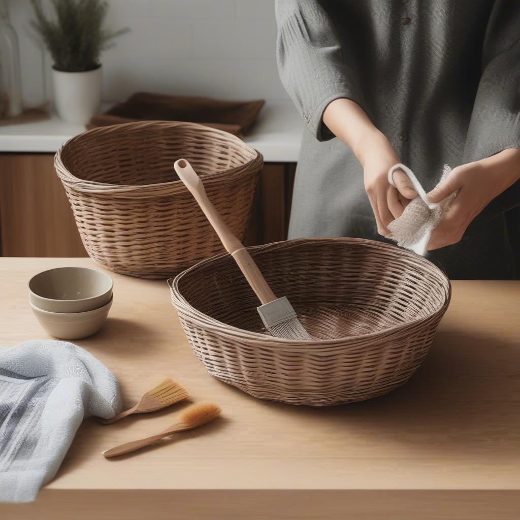 A person is cleaning a wicker basket with a soft brush and damp cloth.  The basket contains plastic silverware.