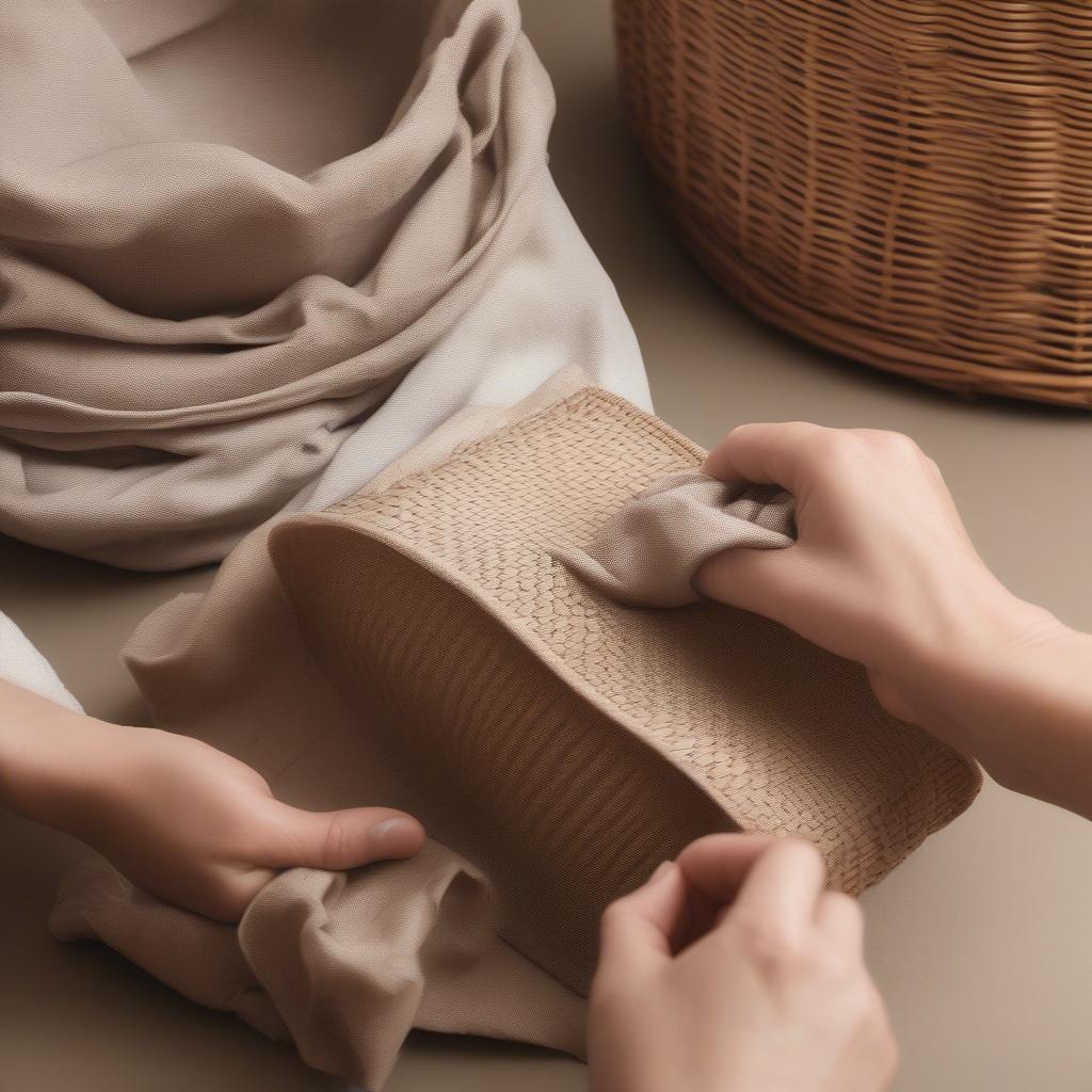 Cleaning a wicker basket with a damp cloth