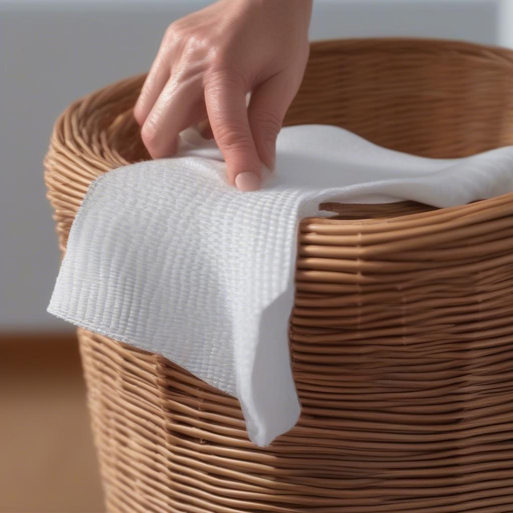 Cleaning wicker basket storage cubes with a damp cloth