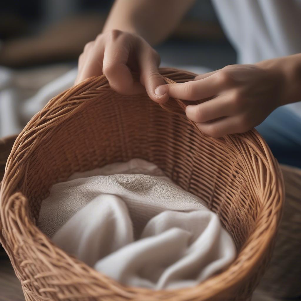 Cleaning a wicker storage basket with a damp cloth to remove dust and dirt