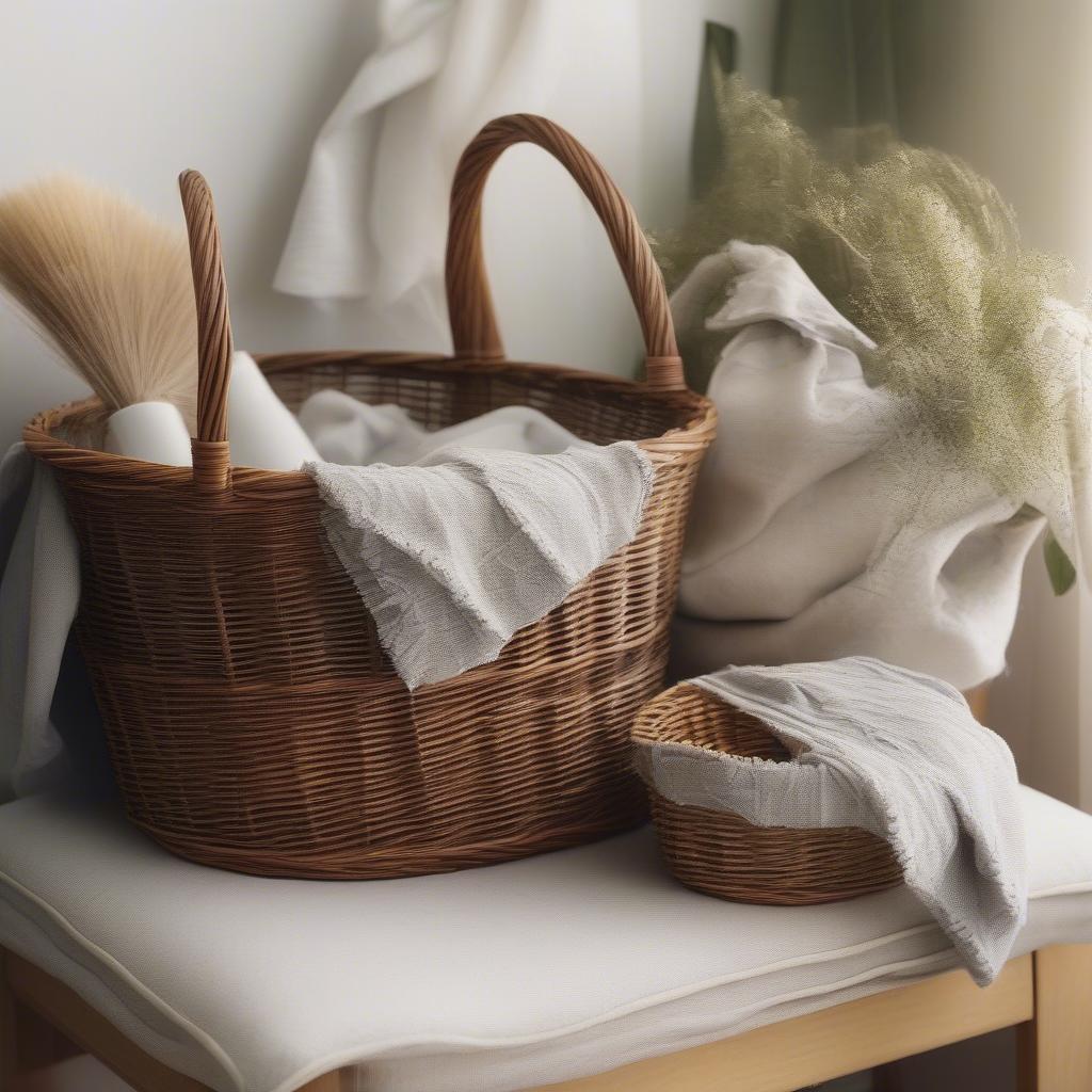 Cleaning wicker baskets with a soft brush and damp cloth.