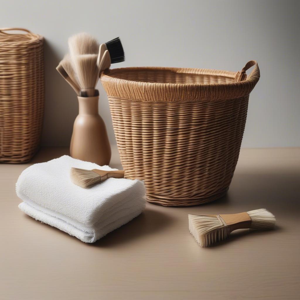 Cleaning a wicker basket with a soft brush and a damp cloth.