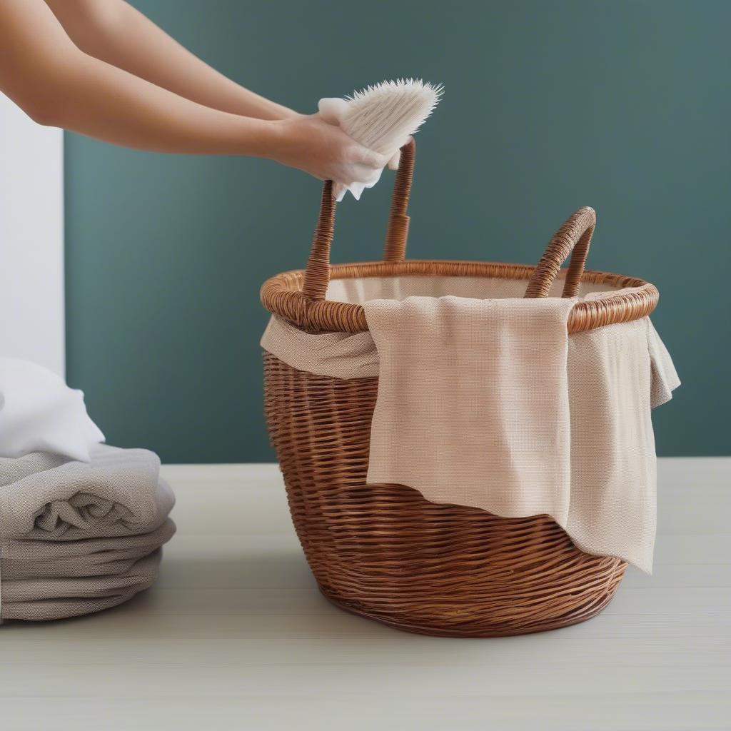 Cleaning a wicker basket with a brush and cloth