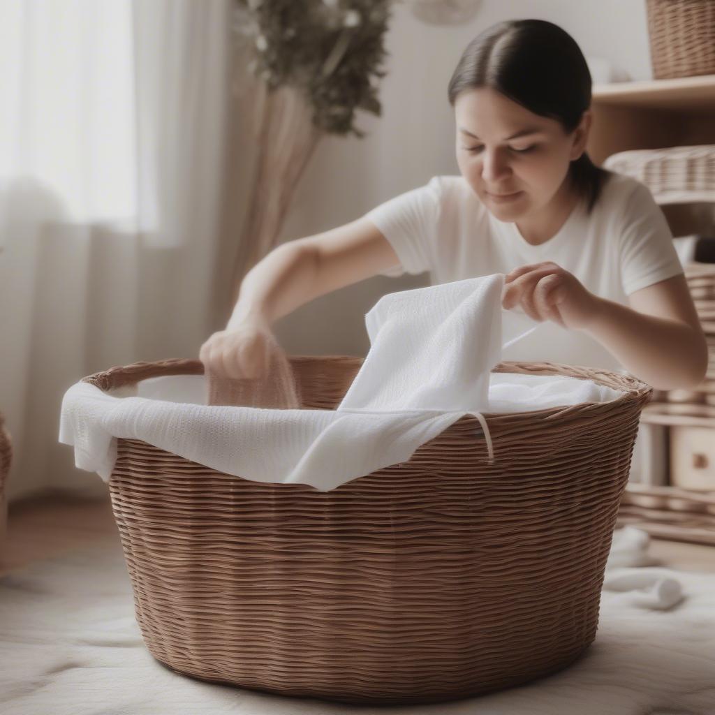 Cleaning wicker storage baskets in a baby's room