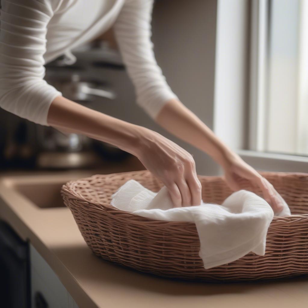 A person cleaning wicker baskets with a damp cloth, maintaining hygiene and extending the life of the baskets in a kitchen setting.