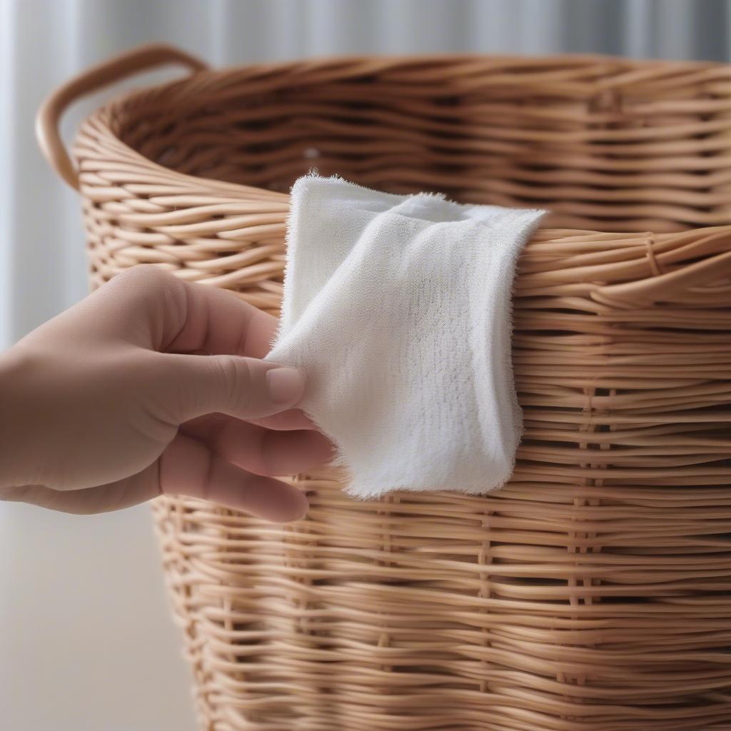 Cleaning stackable wicker baskets with a damp cloth.