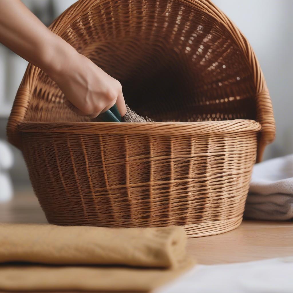 A person gently cleaning a wicker blanket basket with a soft brush and a damp cloth, demonstrating the proper cleaning technique to maintain the basket's beauty and durability.