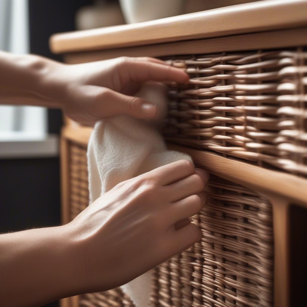 Cleaning a wicker cabinet with drawers using a soft cloth, highlighting the easy maintenance of wicker furniture.