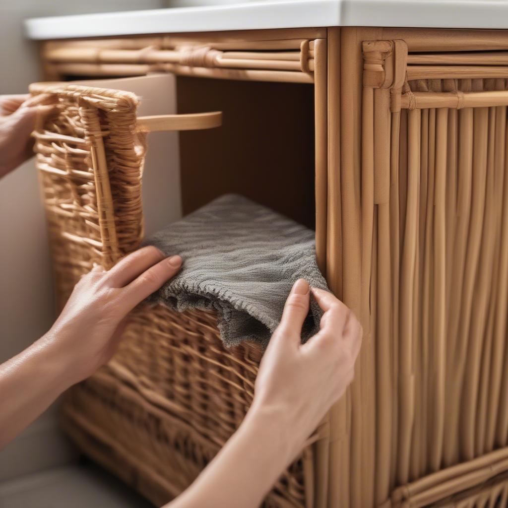 Person cleaning a wicker bathroom cabinet with a damp cloth.