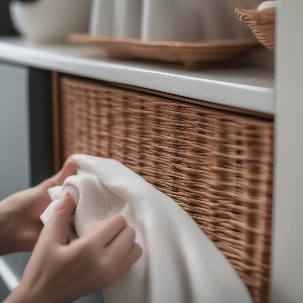 Close-up of a person cleaning a wicker cabinet with a damp cloth, highlighting the simple maintenance process.