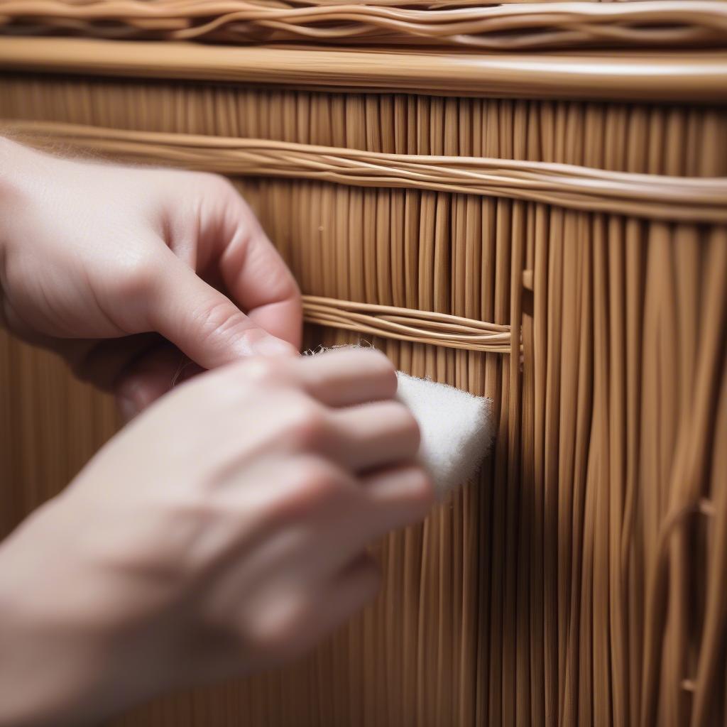 Cleaning wicker cabinet doors with a soft brush and damp cloth