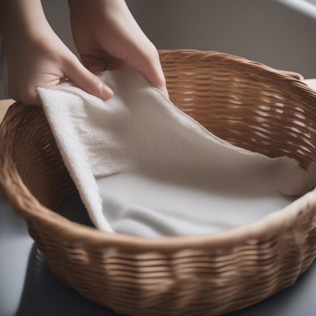 Cleaning a wicker casserole holder with a damp cloth, demonstrating proper care and maintenance.