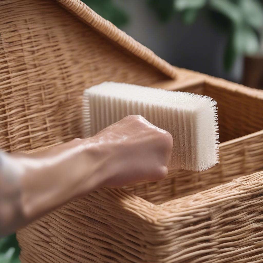 A person is cleaning their wicker patio cushion storage box with a brush and soapy water.