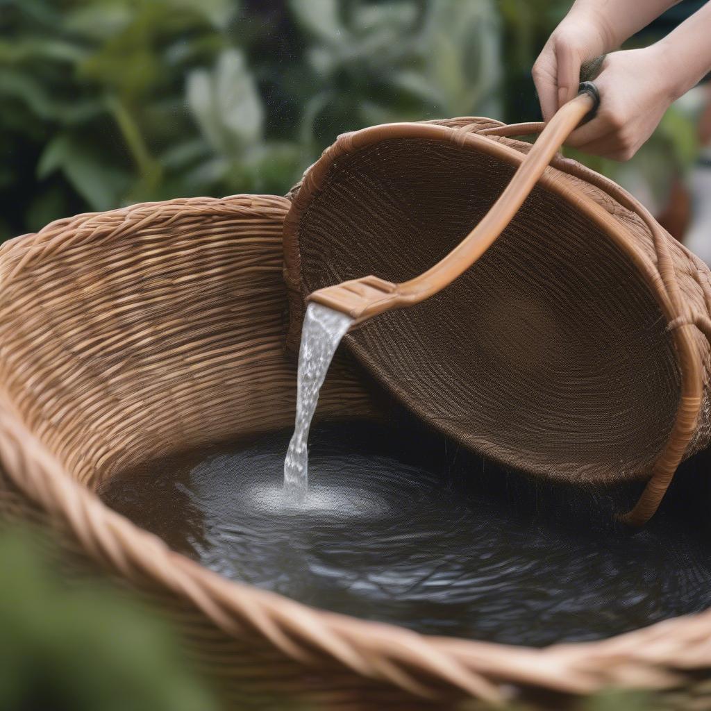 Cleaning a wicker fishing basket with fresh water after a fishing trip to maintain its condition.