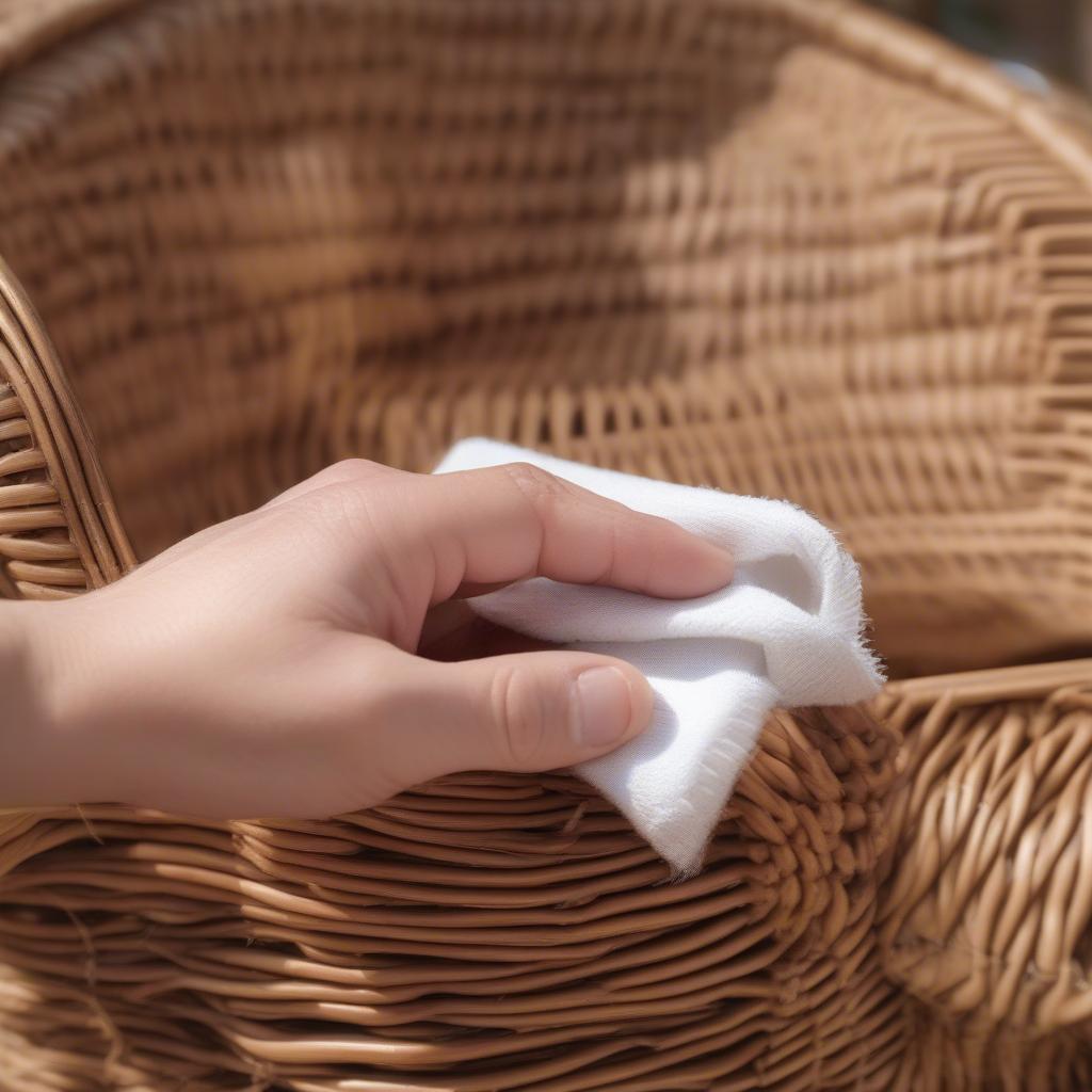 Cleaning a wicker furniture piece with a damp cloth