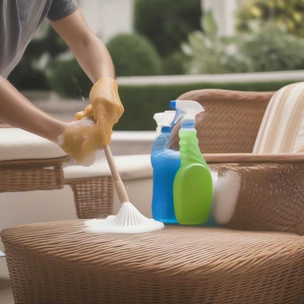 Cleaning wicker furniture with mild soap and water for maintenance.