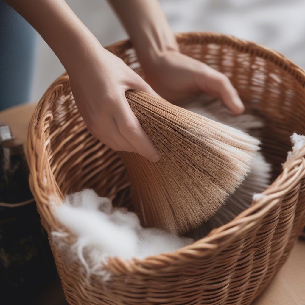 Demonstrating how to clean wicker kitchen cabinet baskets using a mild soap and water solution with a soft brush.