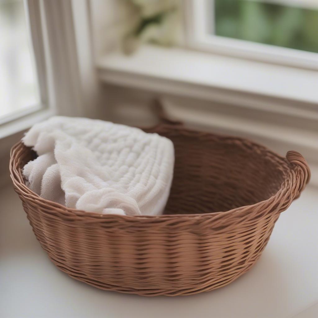 Close-up of a hand cleaning a wicker linen basket with a soft brush and mild soap solution.