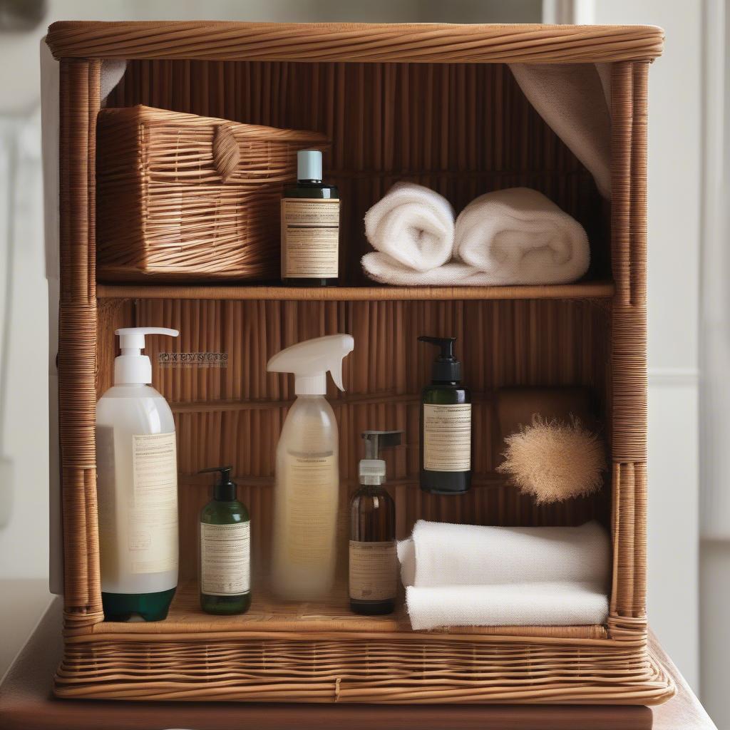 Cleaning a Wicker Medicine Cabinet in a Bathroom