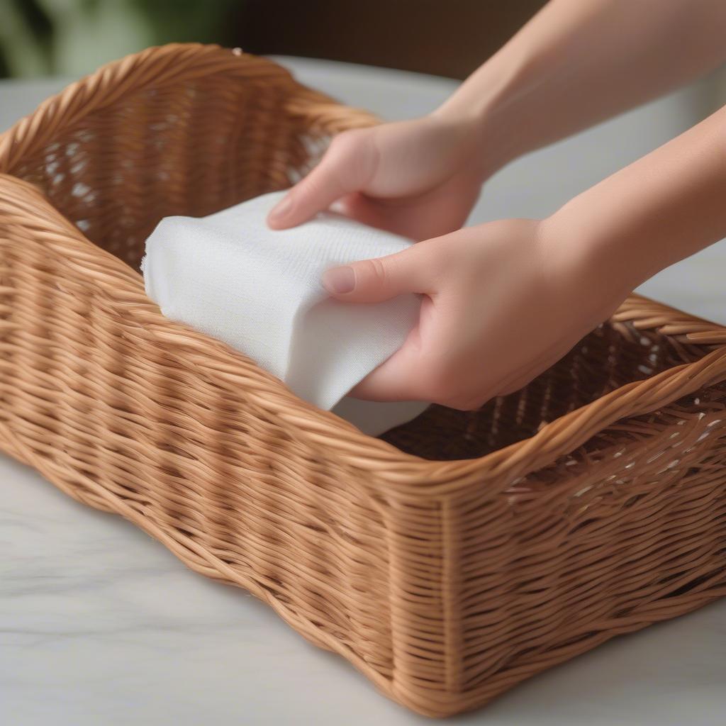 Cleaning a flat wicker napkin holder with a damp cloth.