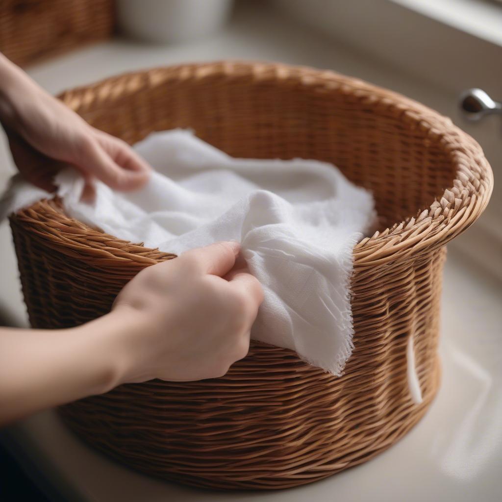 Cleaning a wicker onion basket.