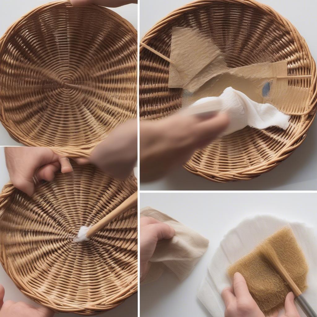 Cleaning a wicker paper plate holder using a soft brush and damp cloth