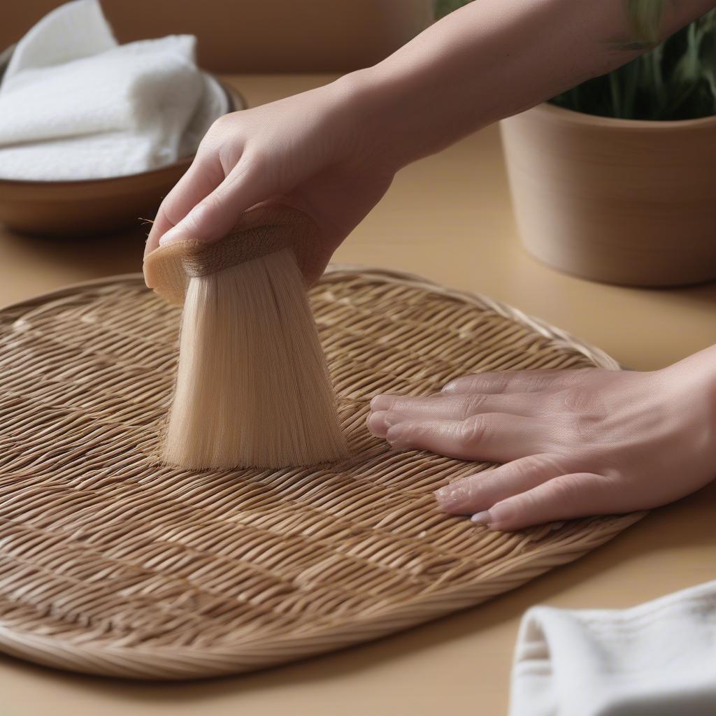 Cleaning wicker placemats with a soft brush and damp cloth