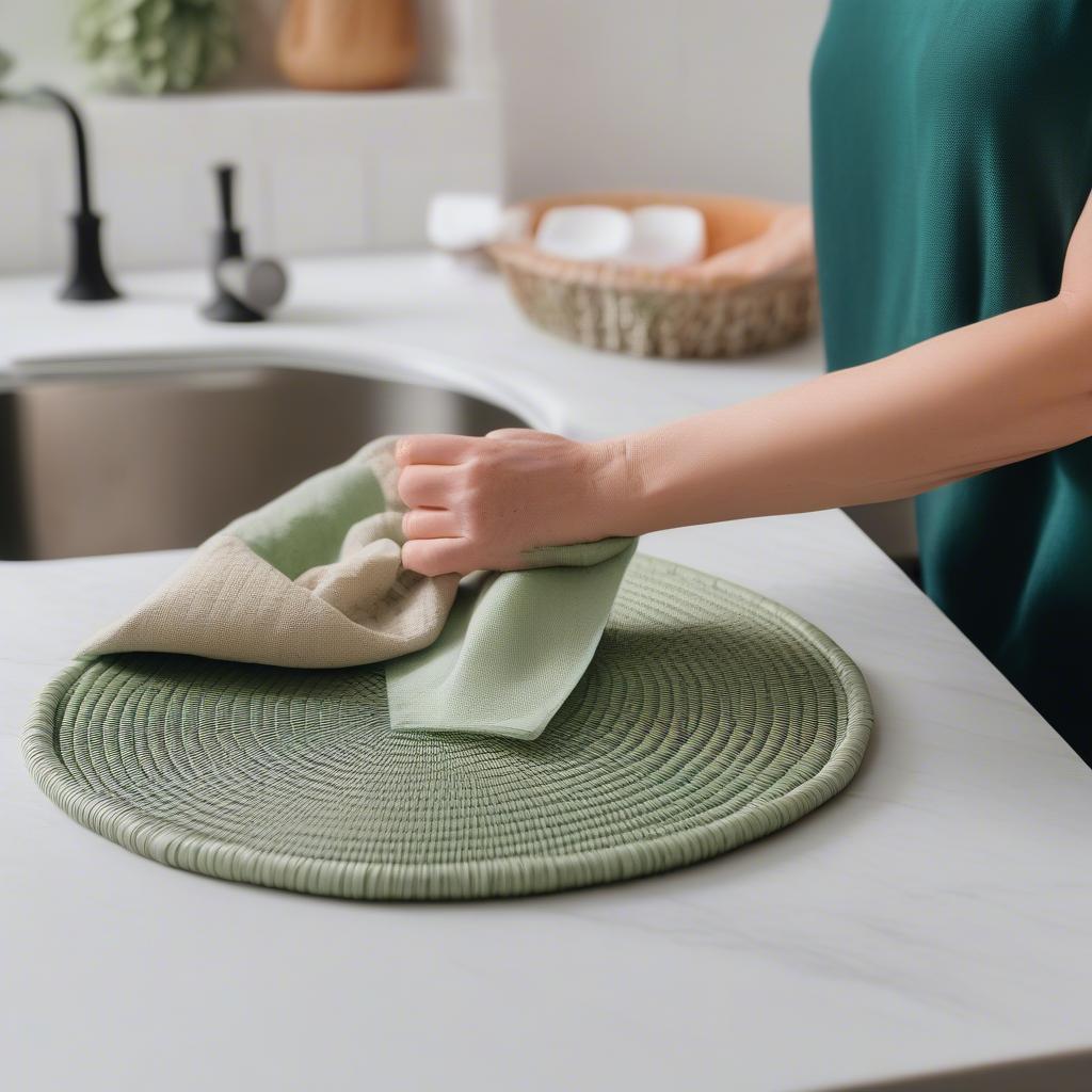 Cleaning green wicker placemats with a damp cloth.