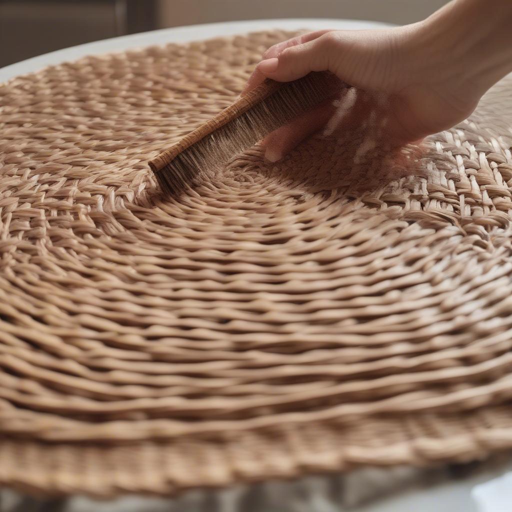 Cleaning wicker placemats with a soft brush and mild soap, demonstrating the proper care technique.