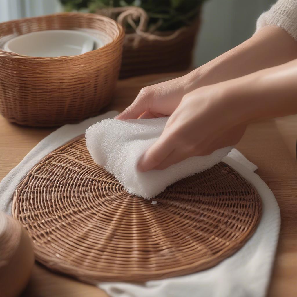 Cleaning wicker placemats with a damp cloth and mild soap solution for proper maintenance.