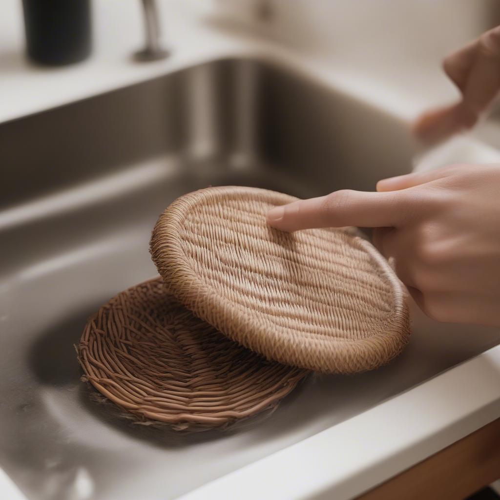 Someone cleaning a wicker pot holder with a soft brush.