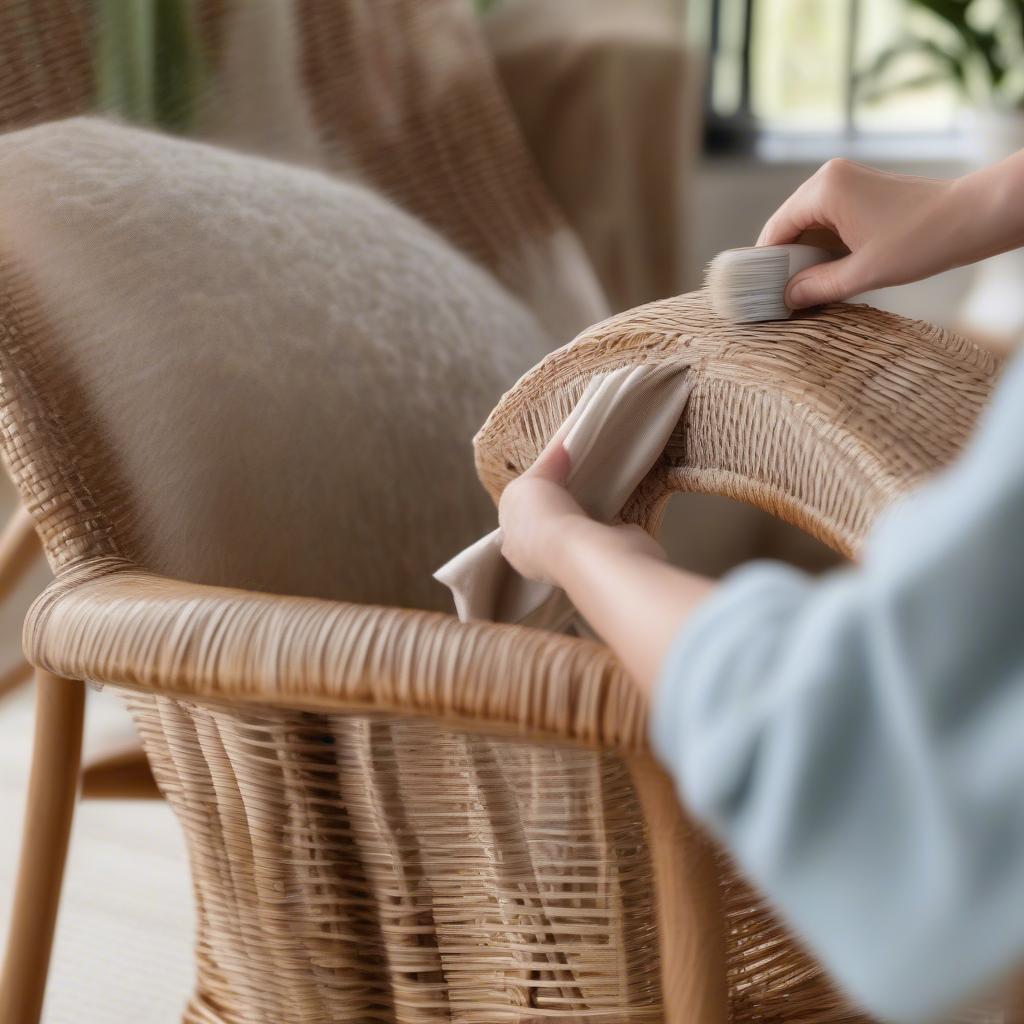 Cleaning a wicker rocking chair with a magazine pocket using a soft brush and mild soap solution.