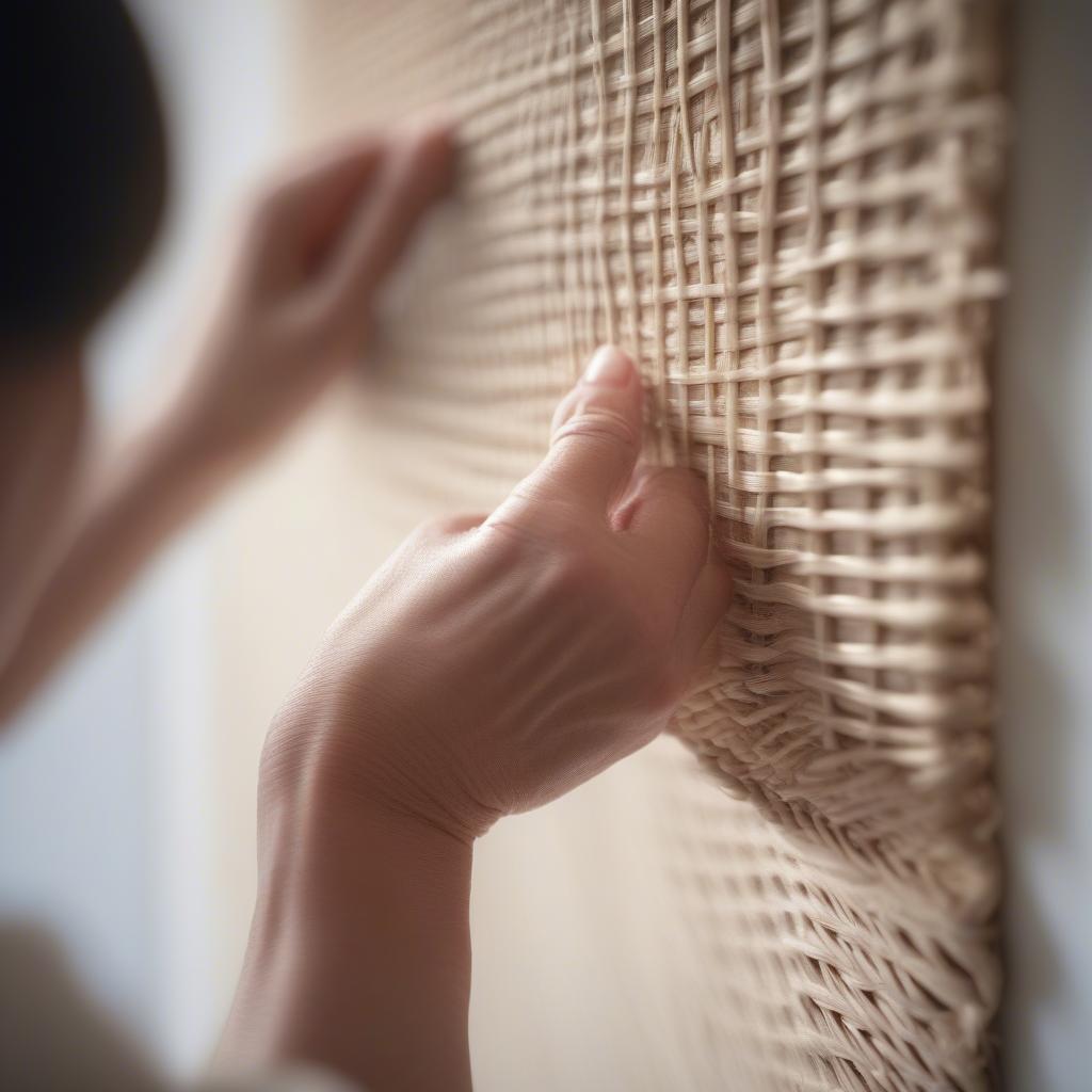 Cleaning wicker roman blinds with a soft cloth, demonstrating proper maintenance techniques.