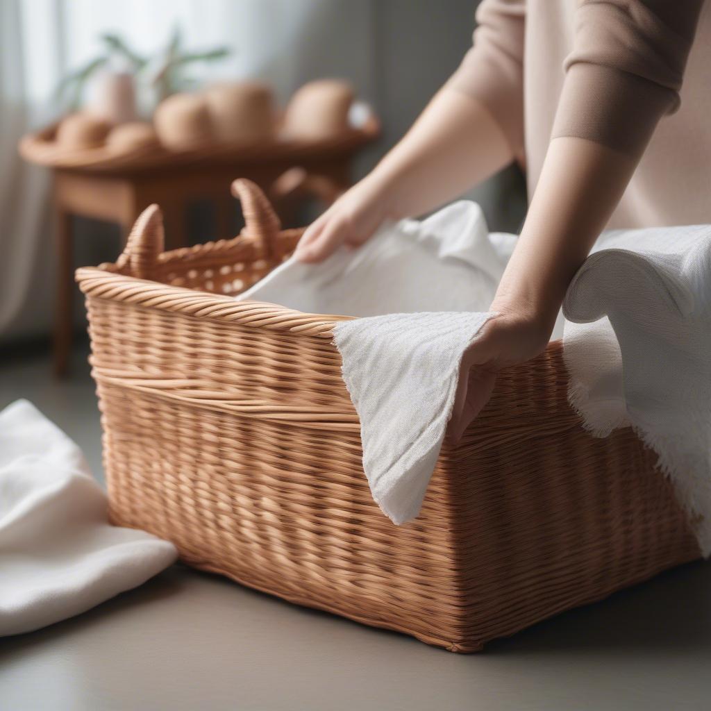 Cleaning a wicker storage basket with a damp cloth.