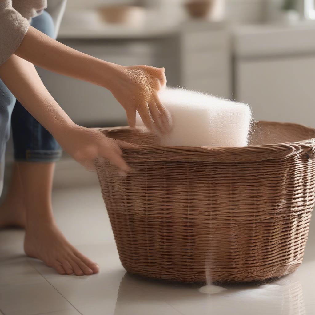 Cleaning a wicker storage basket with a brush and soapy water.