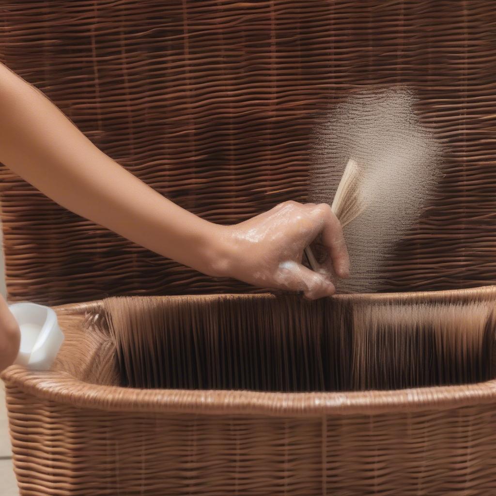 Cleaning a wicker storage bench with soap and water.