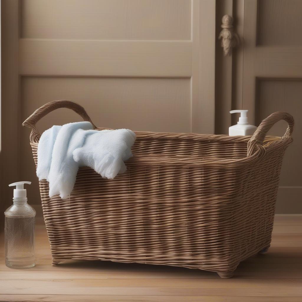 Cleaning a wicker storage bin with a soft brush and mild detergent.