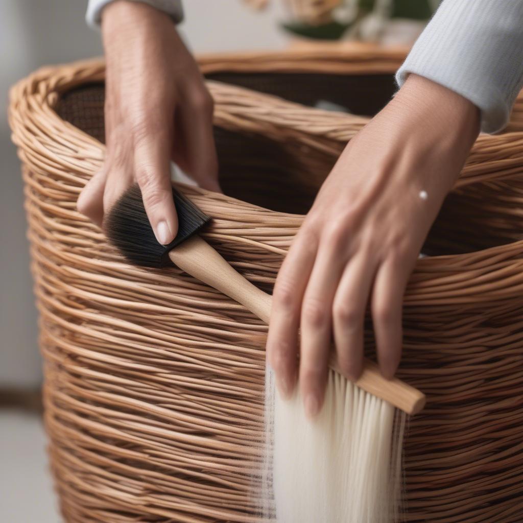 Cleaning wicker storage bins with a soft brush and mild detergent solution.