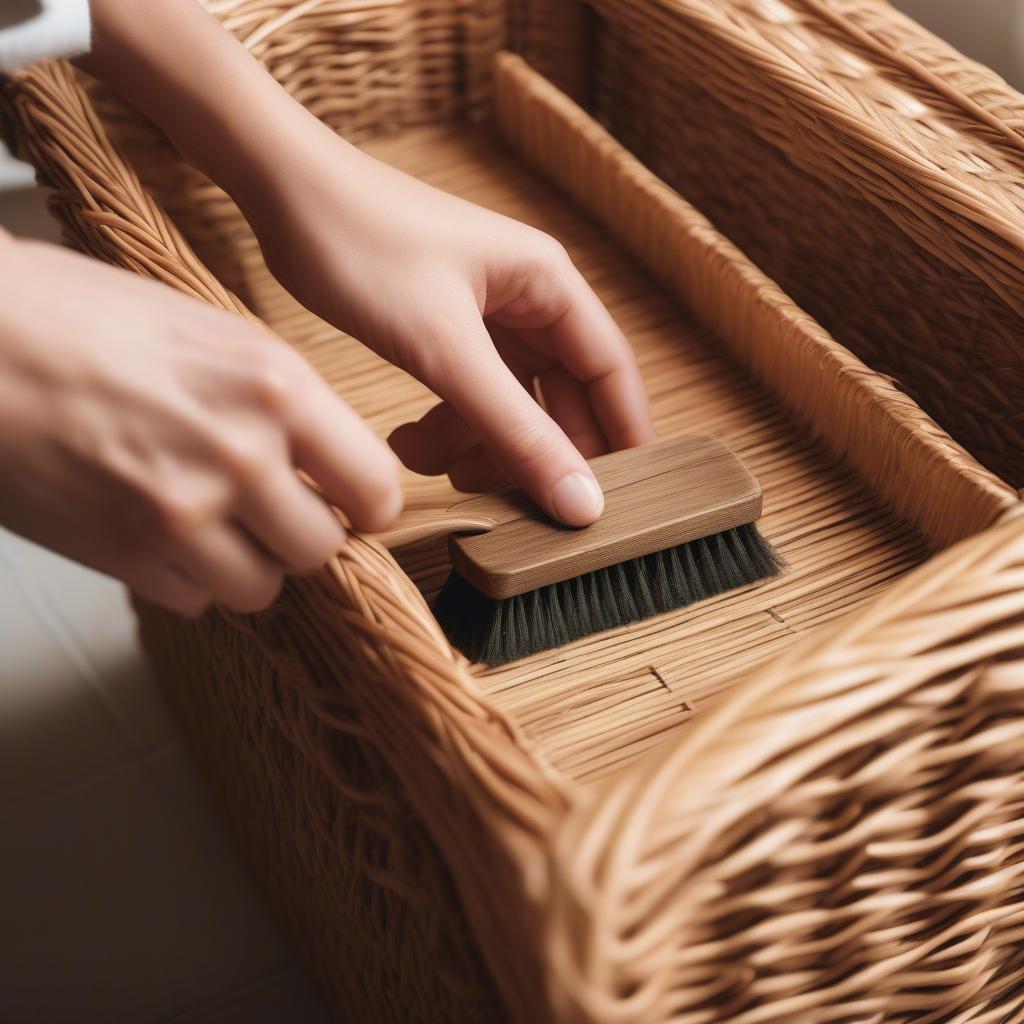 Cleaning a wicker storage box.