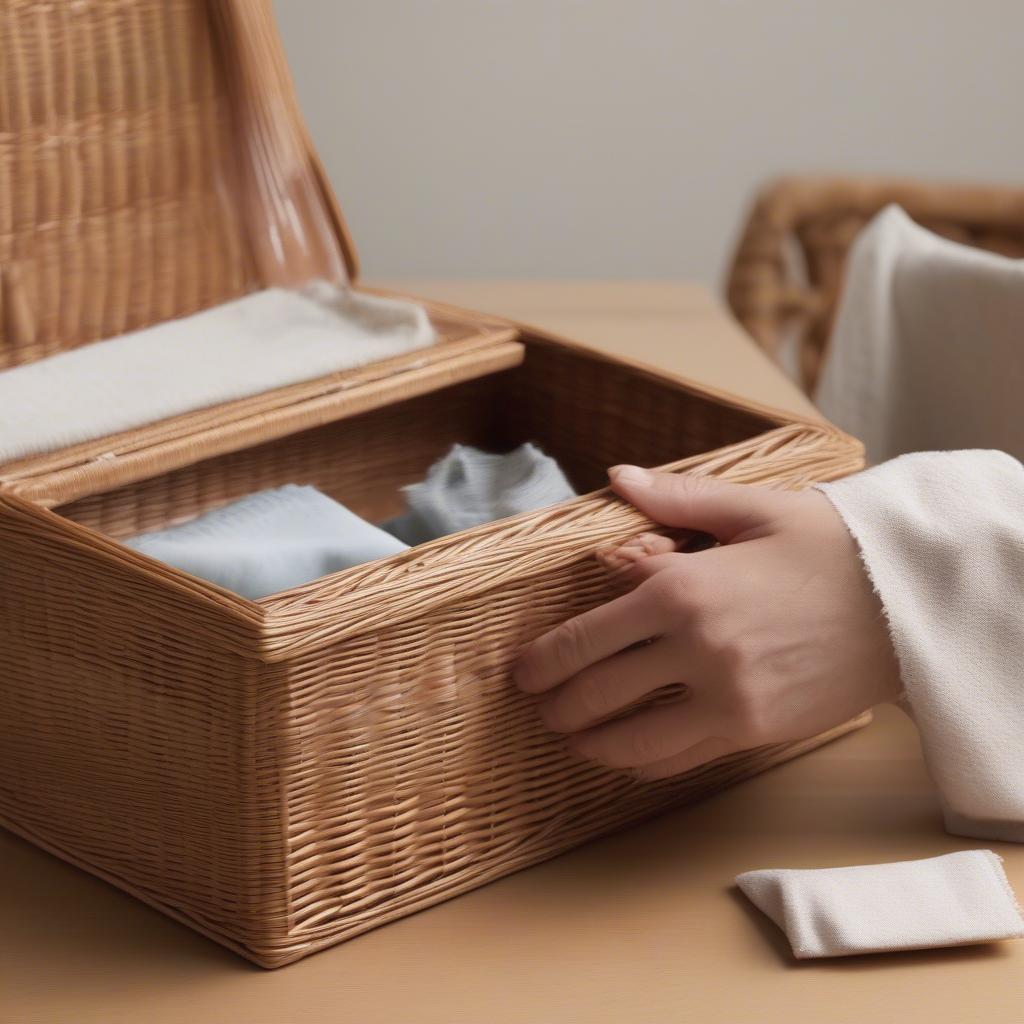 Demonstrating how to clean a wicker storage box