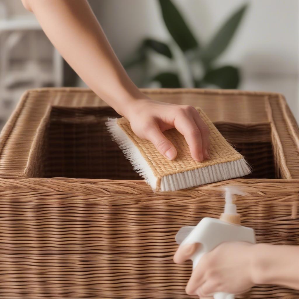 Cleaning a wicker storage chest in Canada with simple tools and techniques.