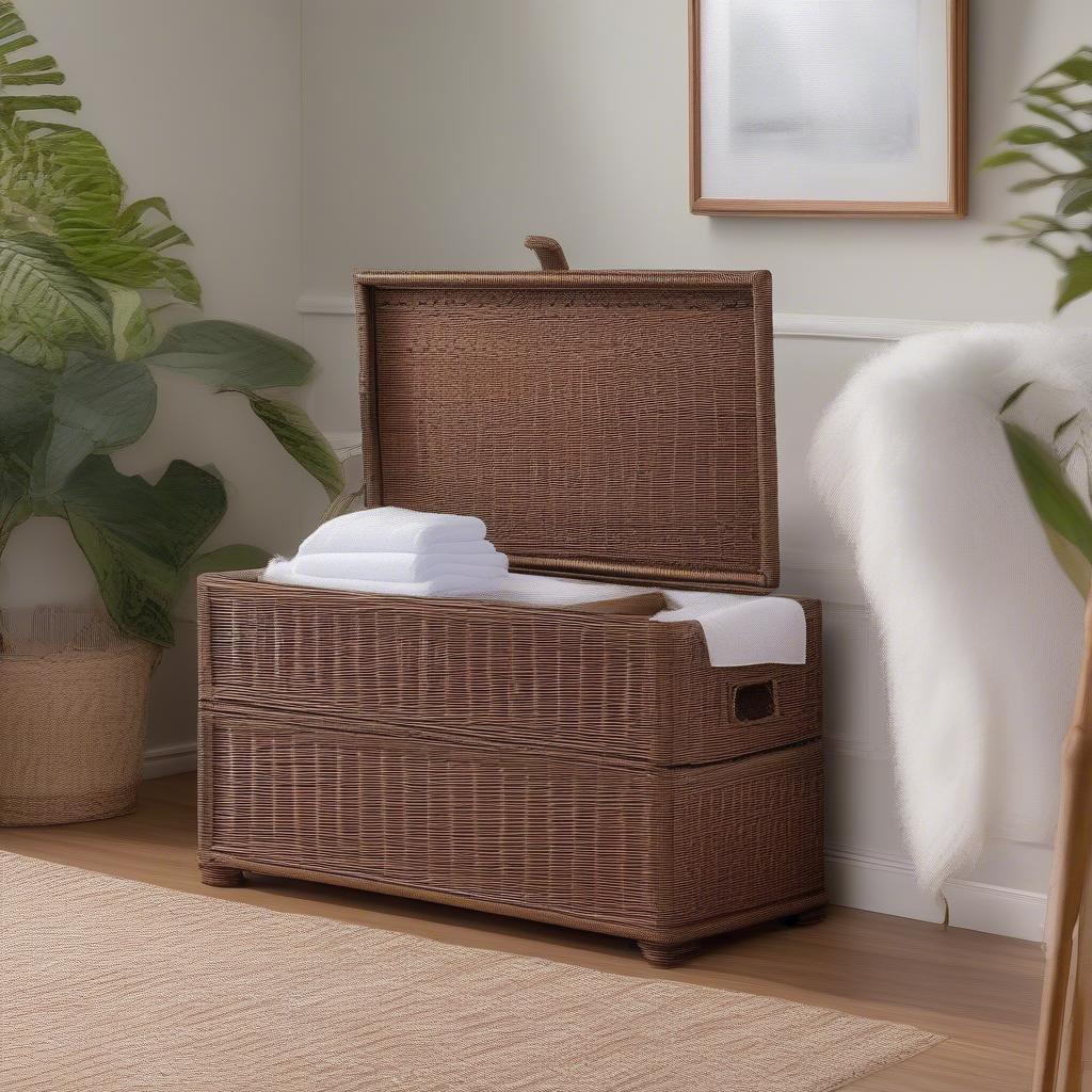 Cleaning a wicker storage chest with a damp cloth