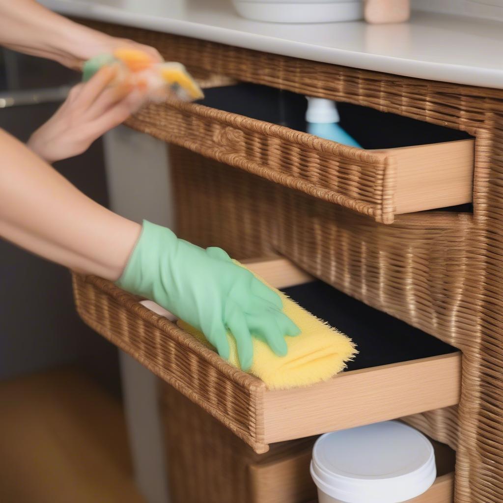 Cleaning wicker storage drawers with a soft brush and mild soapy water.