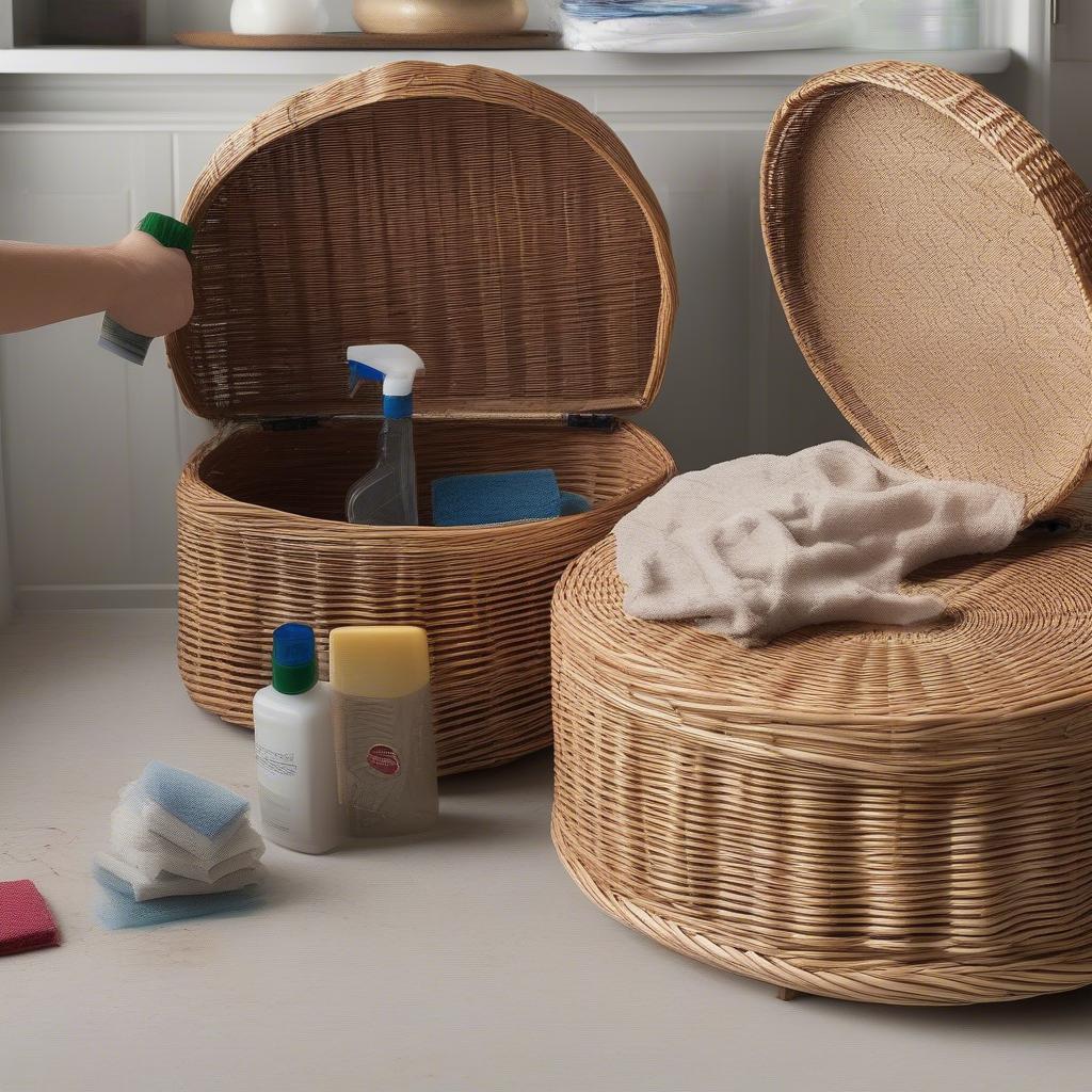 Step-by-step guide on cleaning a wicker storage ottoman, showcasing the necessary tools and techniques.