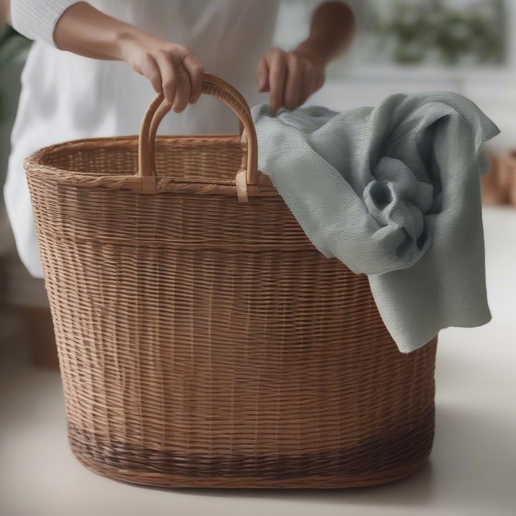 Cleaning a wicker storage tote with a damp cloth.