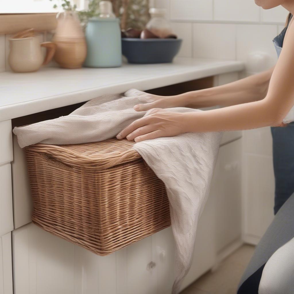 Cleaning a wicker storage unit with a damp cloth.