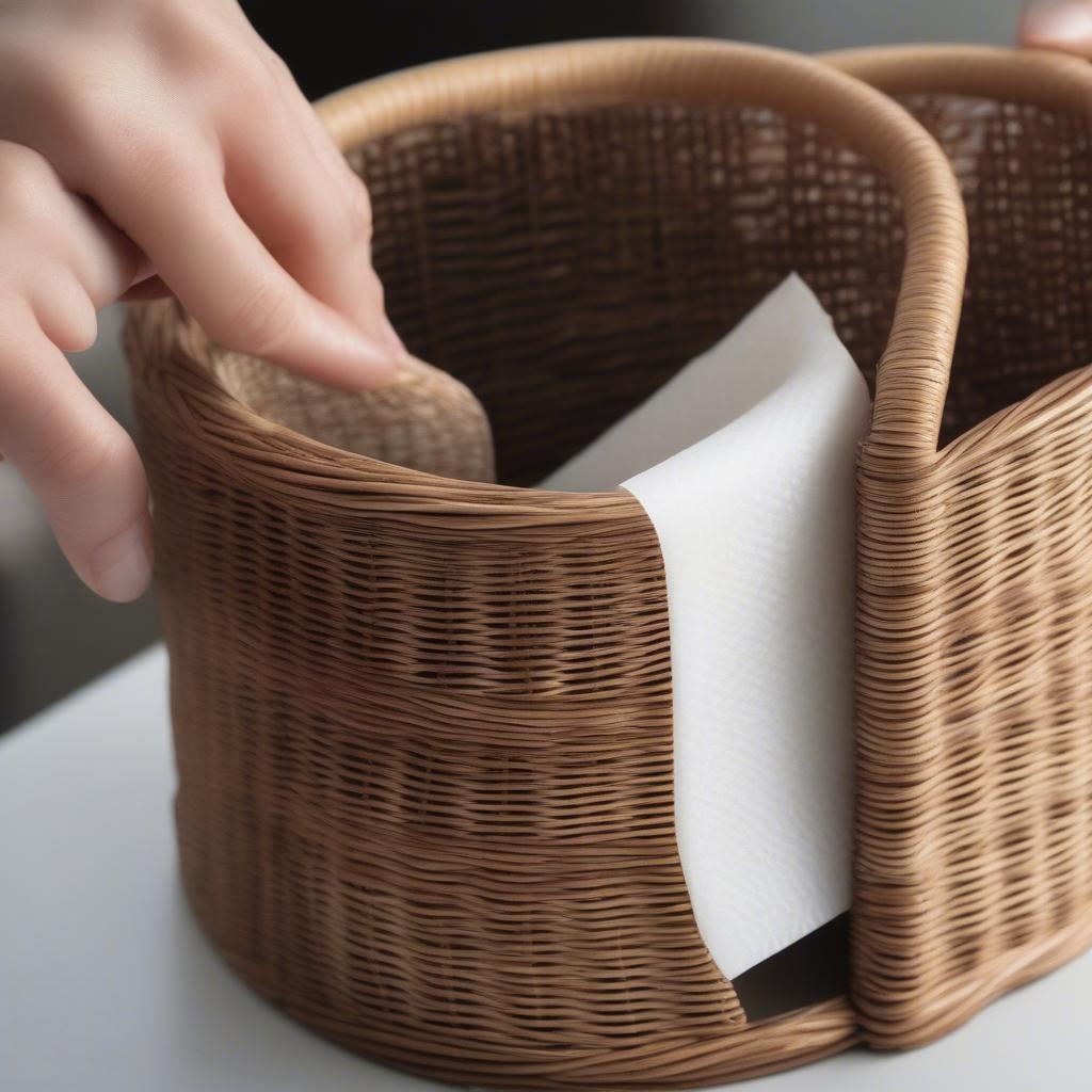 Cleaning a wicker tissue magazine holder with a soft brush