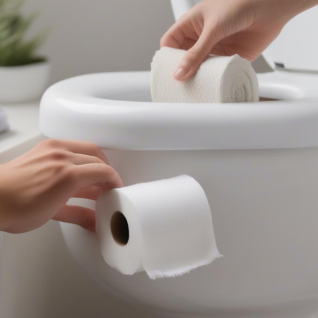 Cleaning a wicker toilet roll holder with a damp cloth.