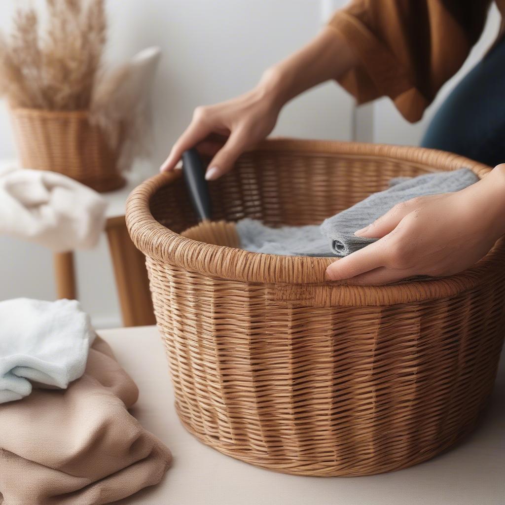 Cleaning a wicker toy basket with a soft brush and mild detergent.