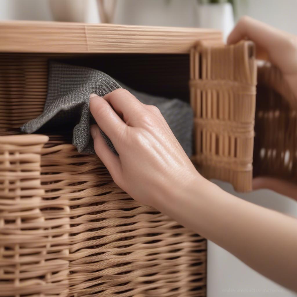 Close-up of someone cleaning a wicker toy cubby storage unit with a damp cloth.